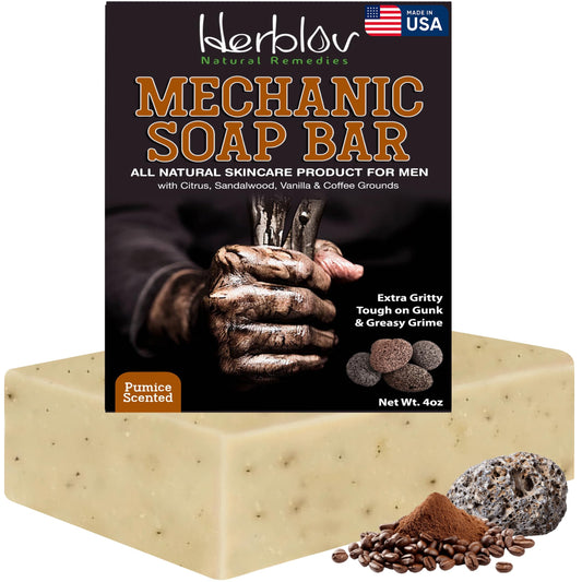 Herblov front packaging showing soap bar and rugged label, communicates durability