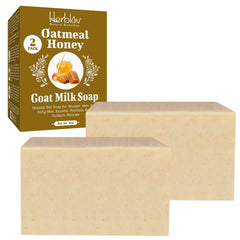 Herblov front packaging of oatmeal honey goat's milk soap showing calming scent benefits