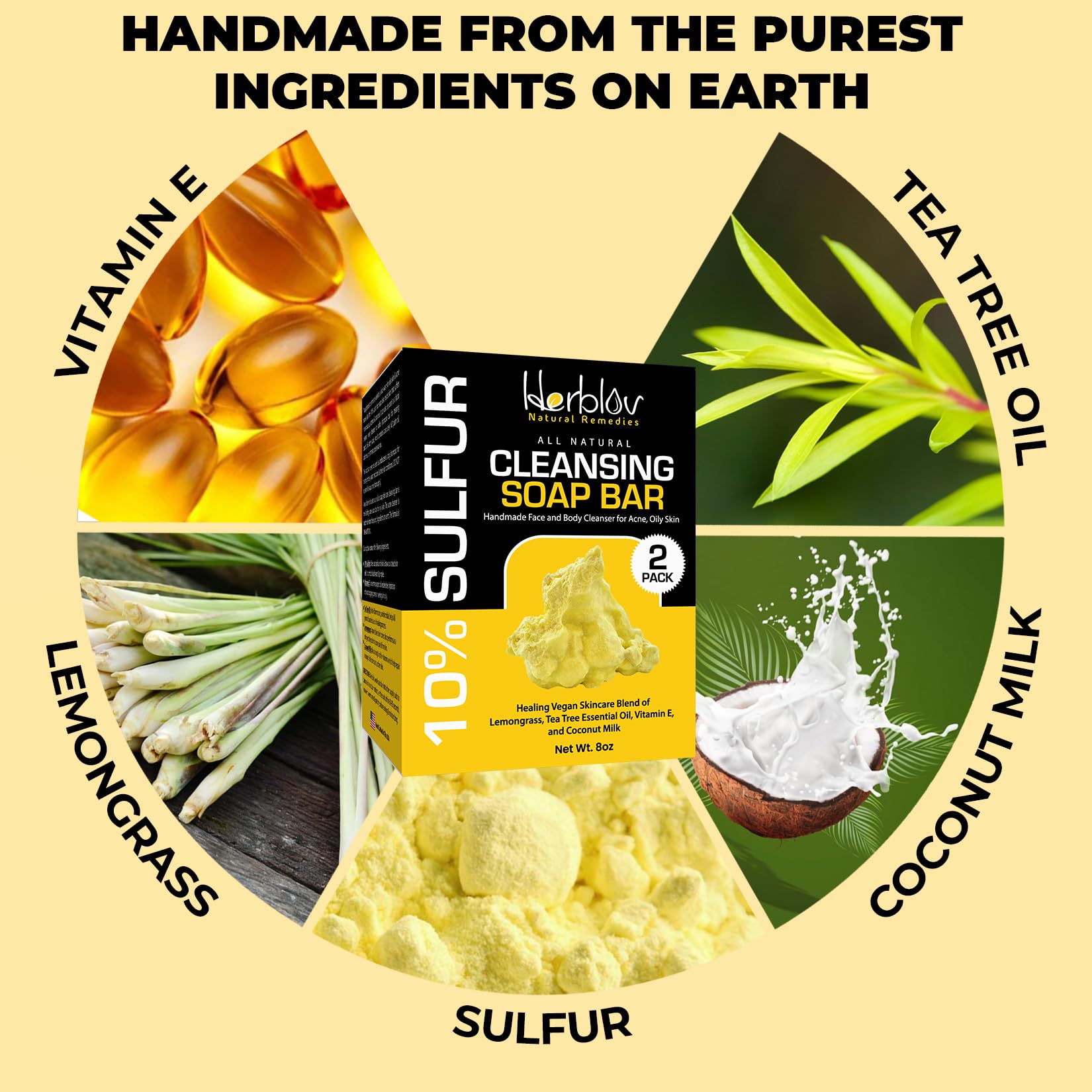 Herblov ingredient label featuring lemongrass and tea tree for clarifying and toning benefits