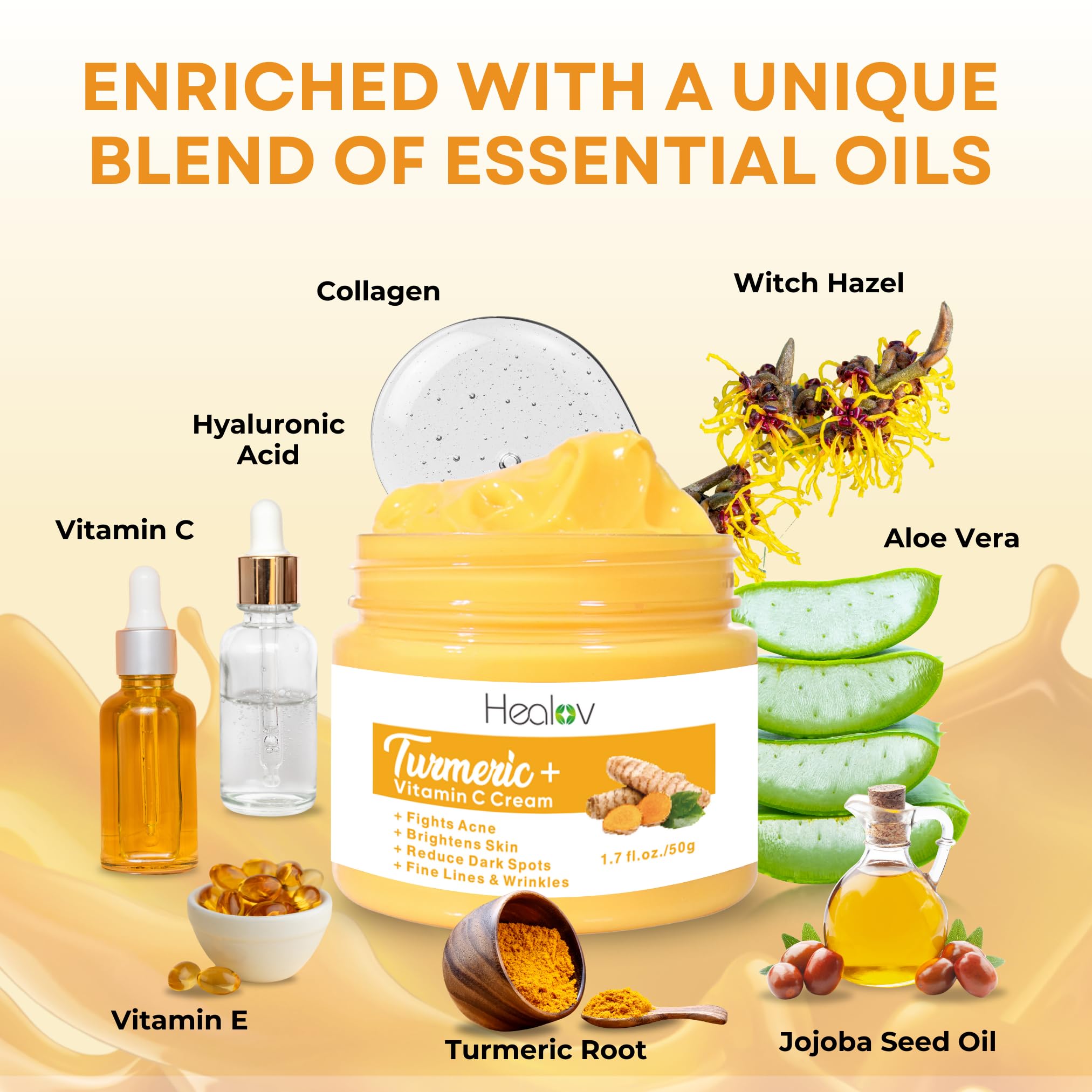 Herblov ingredients flatlay showing turmeric and natural benefits