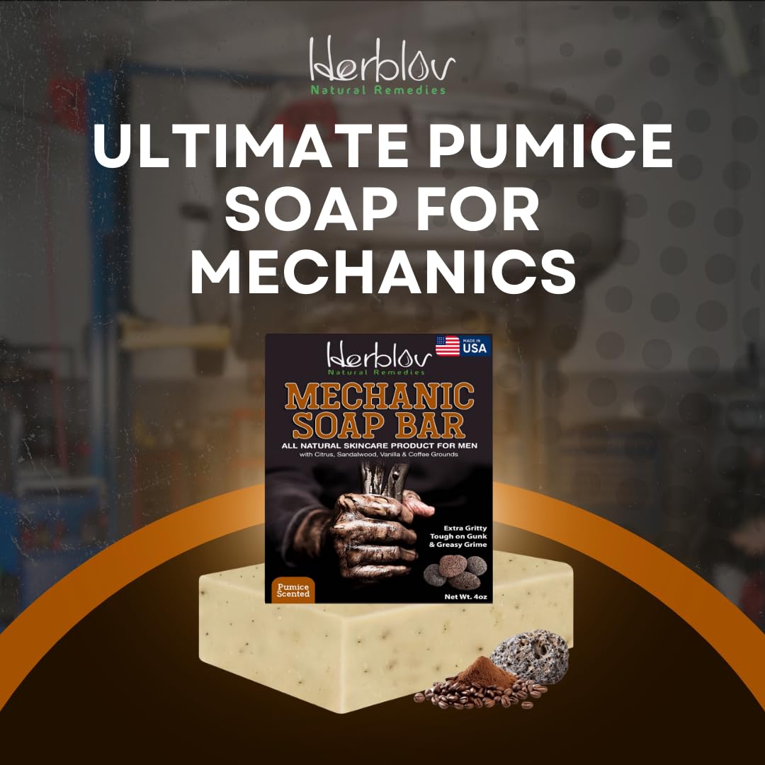 Herblov soap next to wrenches, shows size and workshop-ready convenience