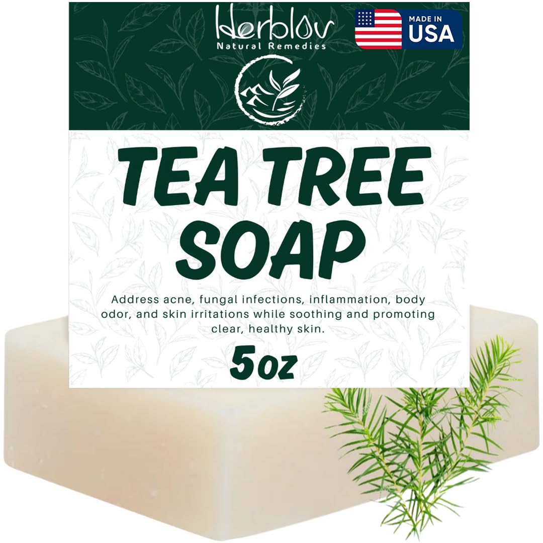 Herblov tea tree soap front packaging showing clean branding and bar benefits