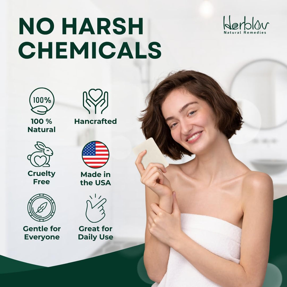 Herblov tea tree soap scale and size compared to hand for portion guidance