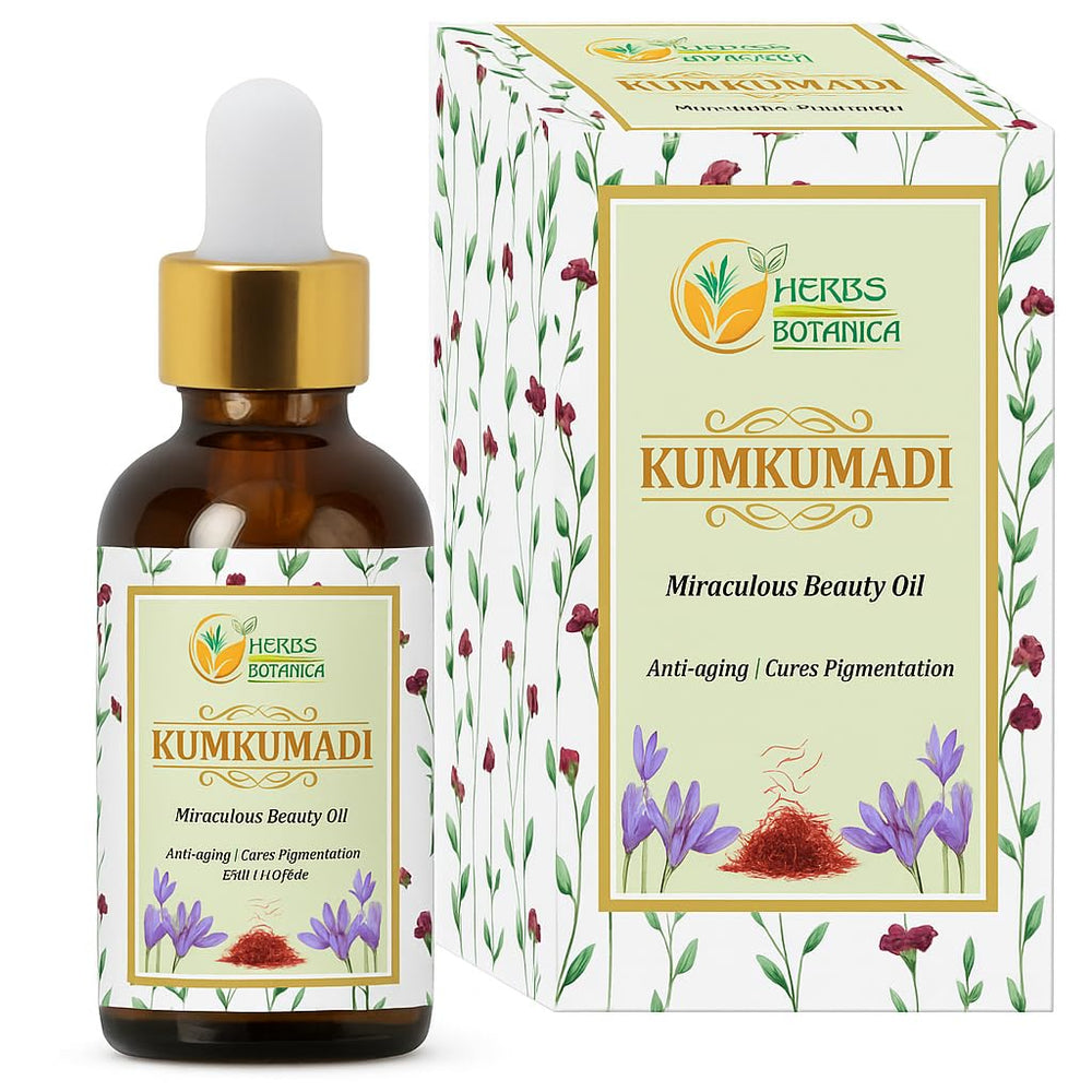 Herbs Botanica bottle front view showing saffron oil and radiant benefit