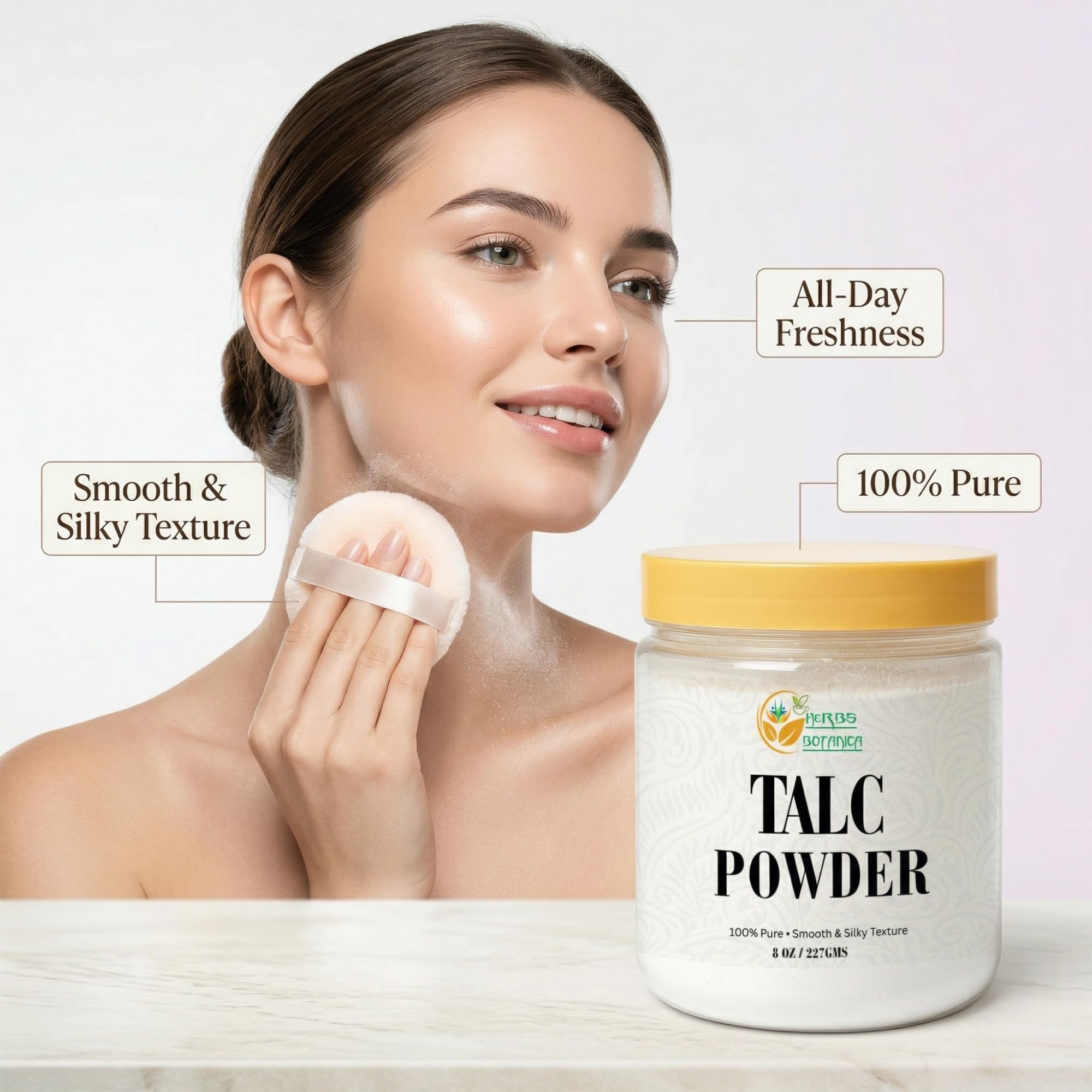 Herbs Botanica talc texture close-up highlighting fine silky particles for smooth feel