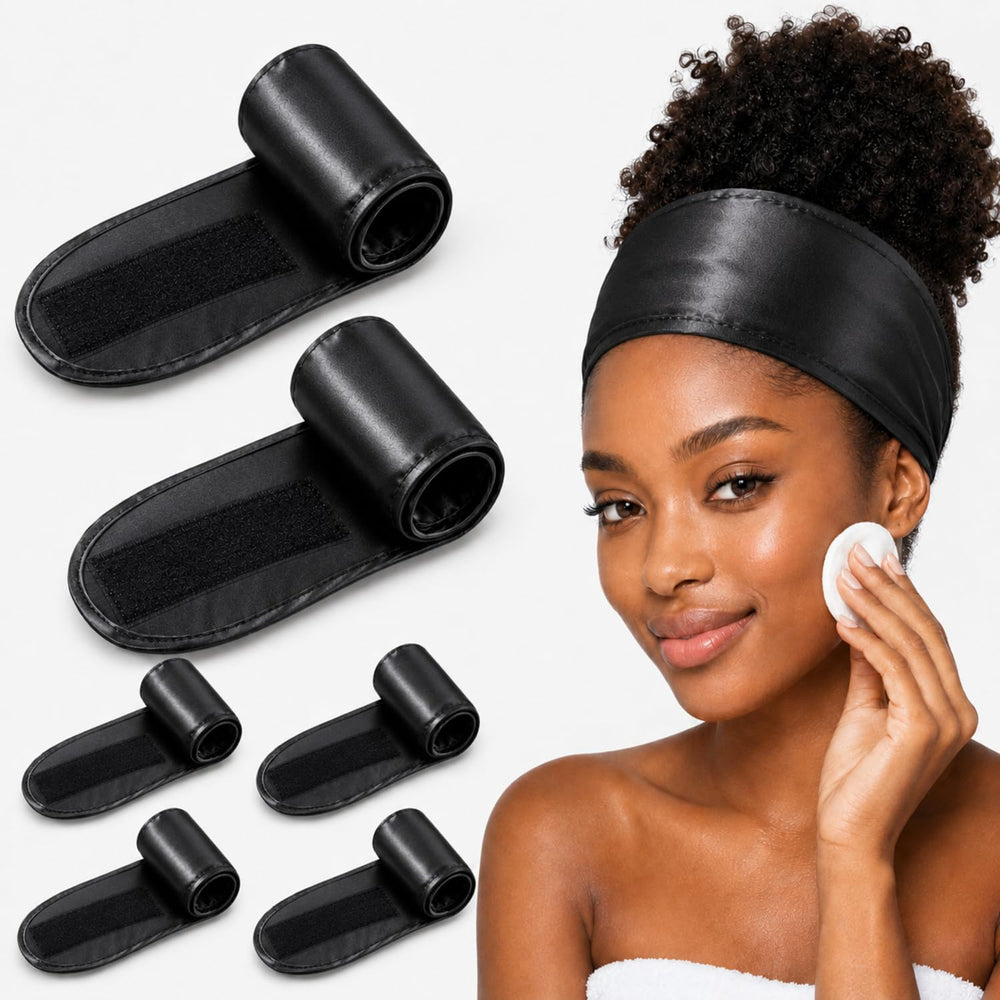 Hercicy front view of six black satin headbands showing neat packaging and convenience