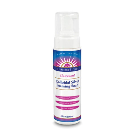 HERITAGE STORE front bottle view showing label and unscented foaming soap benefits