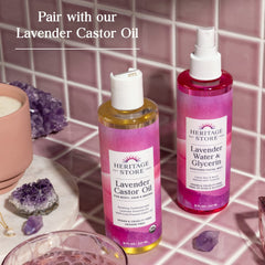 HERITAGE STORE bottle on vanity conveying relaxation and routine benefit