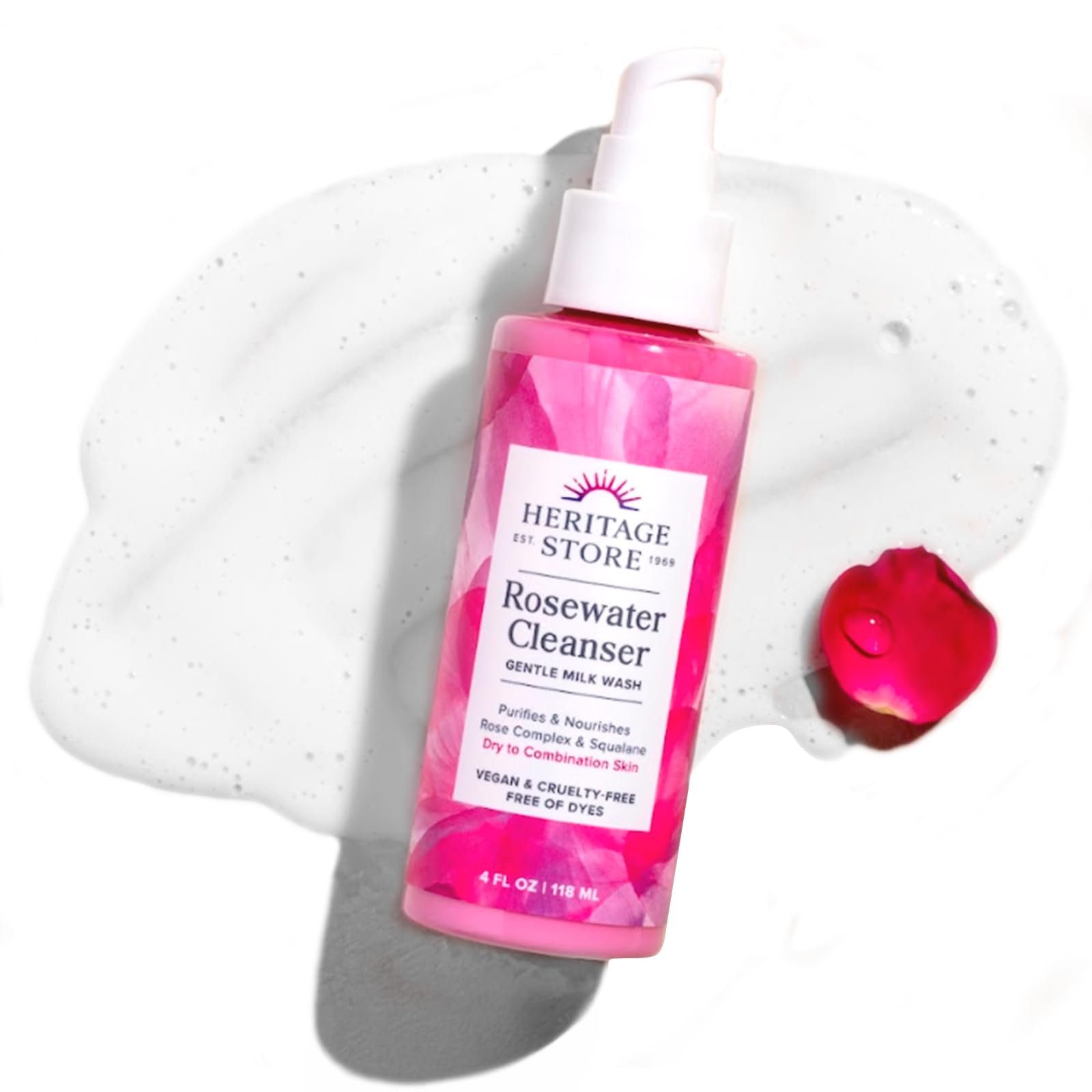 HERITAGE STORE front packaging of Rosewater Facial Cleanser showing label and 4oz bottle, clear branding and reassurance