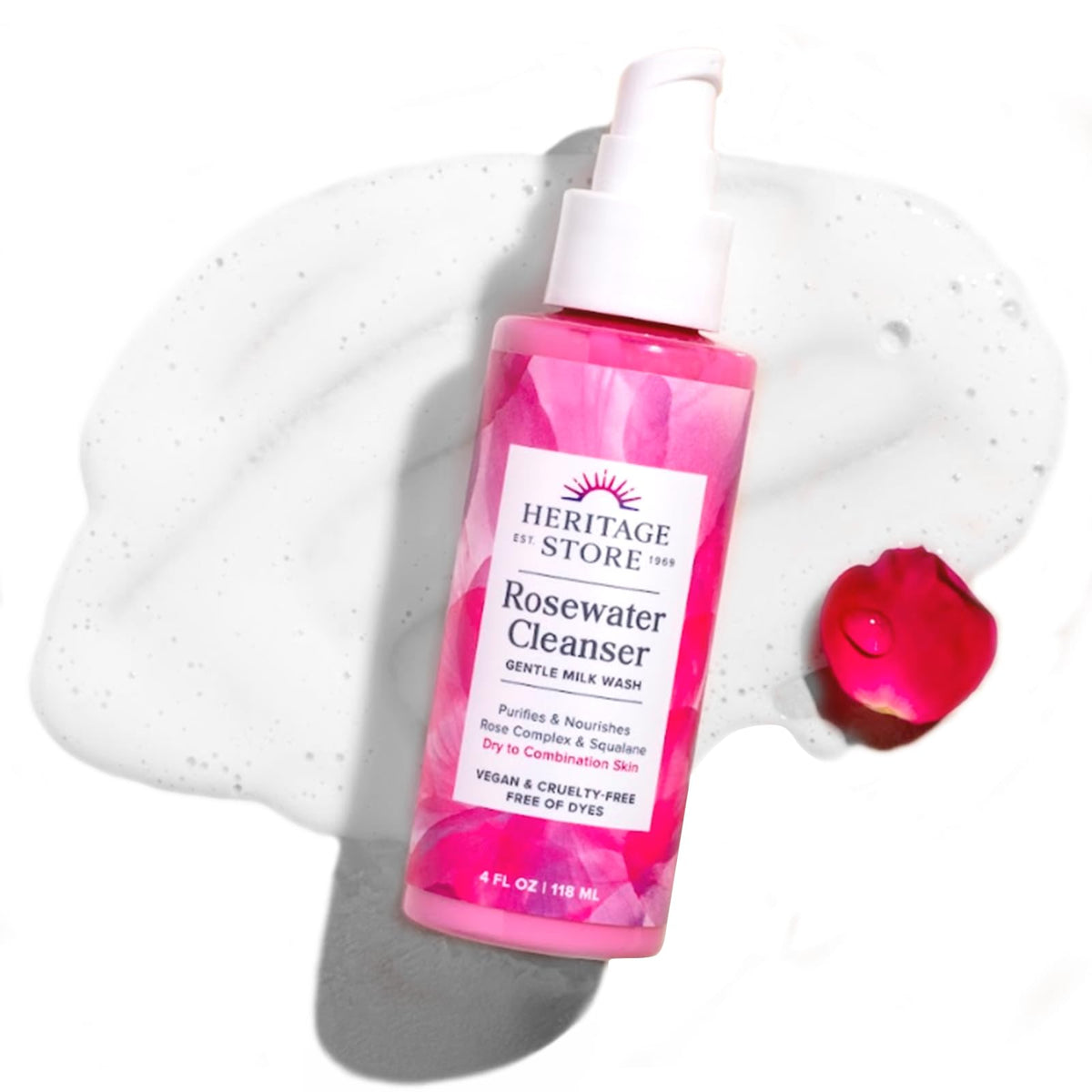 HERITAGE STORE front packaging of Rosewater Facial Cleanser showing label and 4oz bottle, clear branding and reassurance