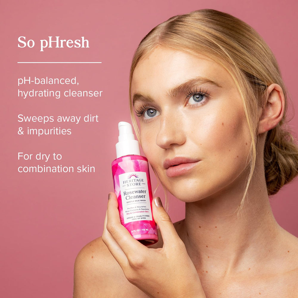 HERITAGE STORE pump close-up on Rosewater Facial Cleanser illustrating easy dispensing and controlled application