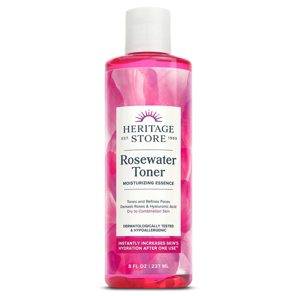 Heritage Store rosewater toner front label showing product benefits and branding