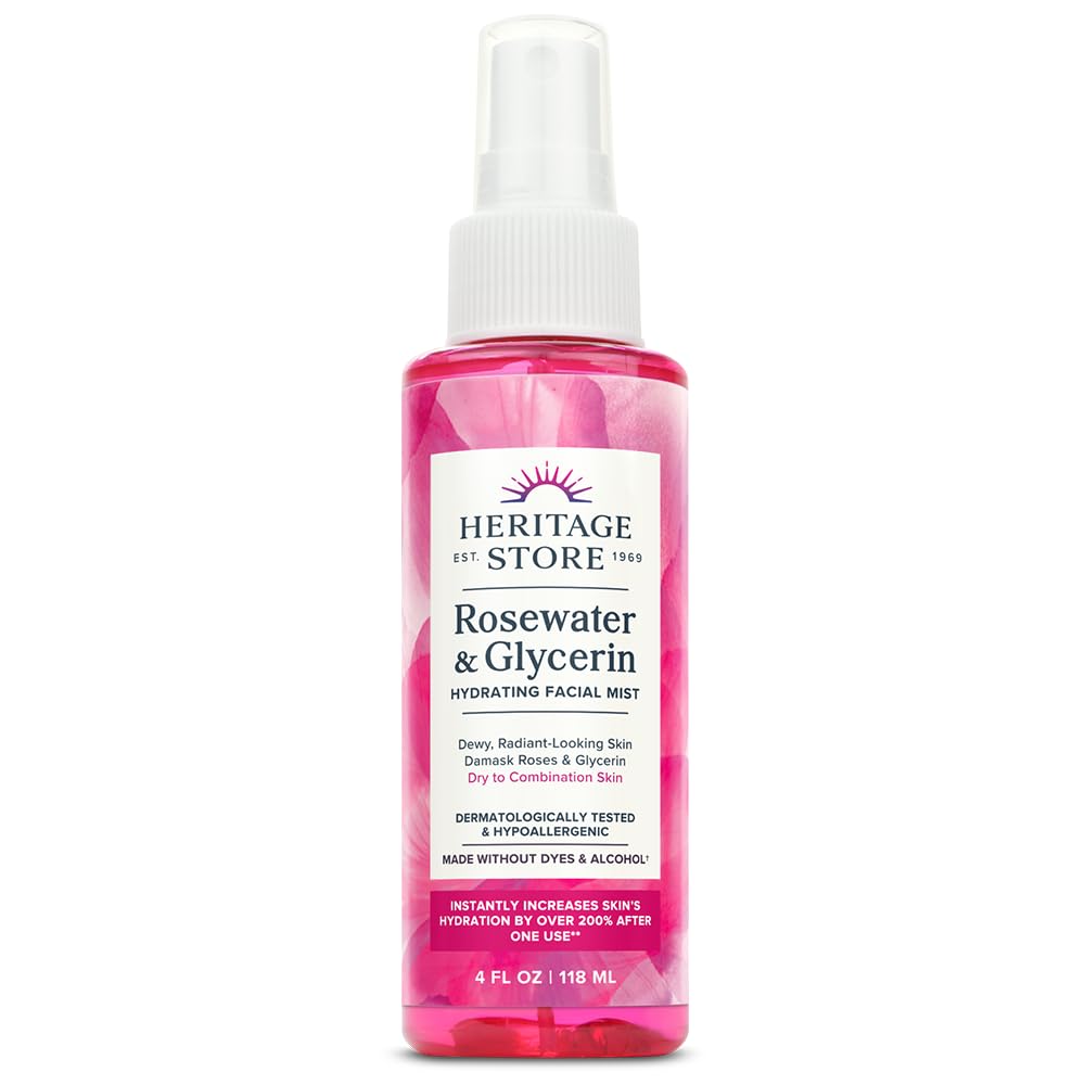 HERITAGE STORE front bottle view showing packaging and clear hydrating mist