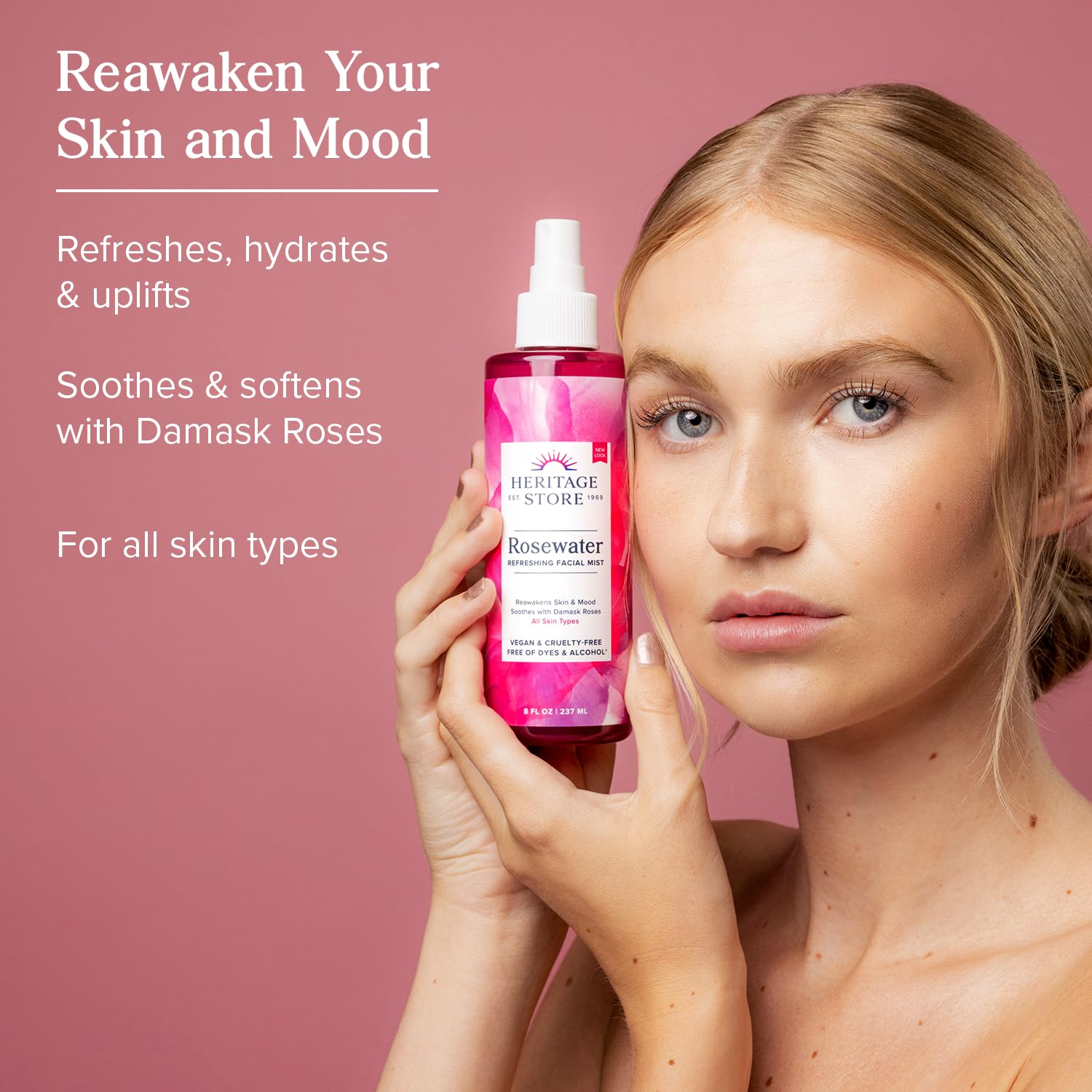 HERITAGE STORE fine mist spray in action for instant hydration benefit