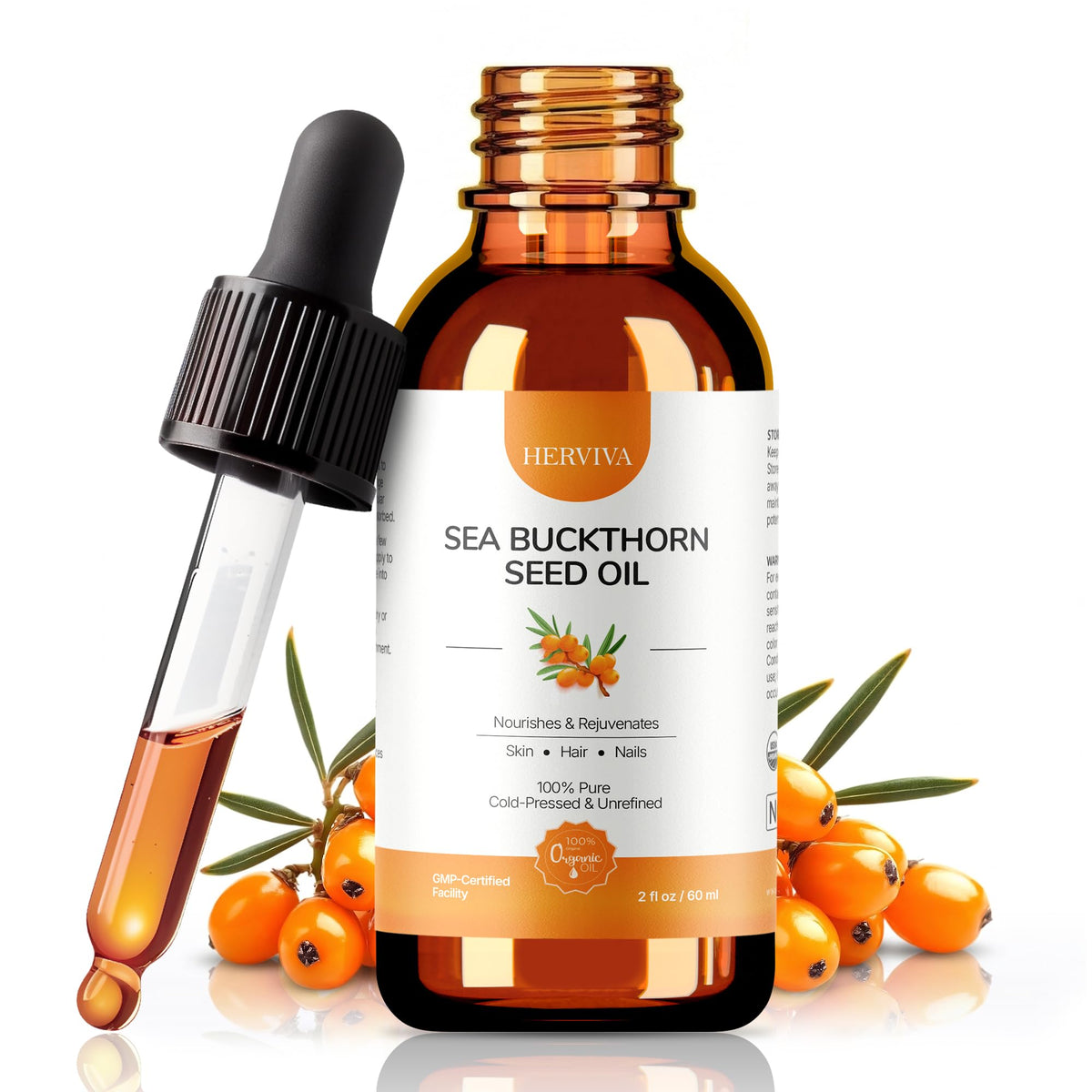 HERVIVA front packaging in amber bottle showing product benefit hydration