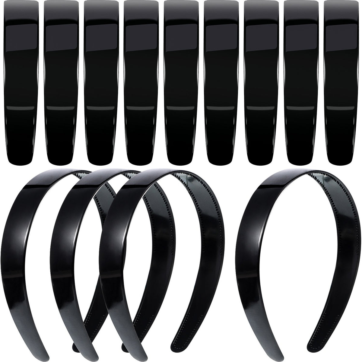HESTYA front view of 20-pack black headbands showing neat stack and bulk supply