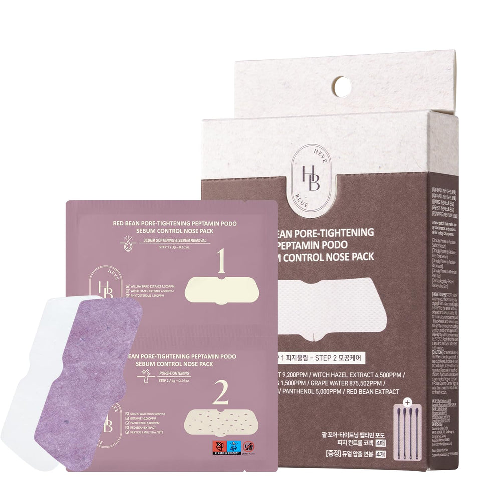 HEVEBLUE front packaging showing two-step nose pack and benefits