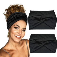 Hexchasty front view of two black headbands showing knot and width benefit
