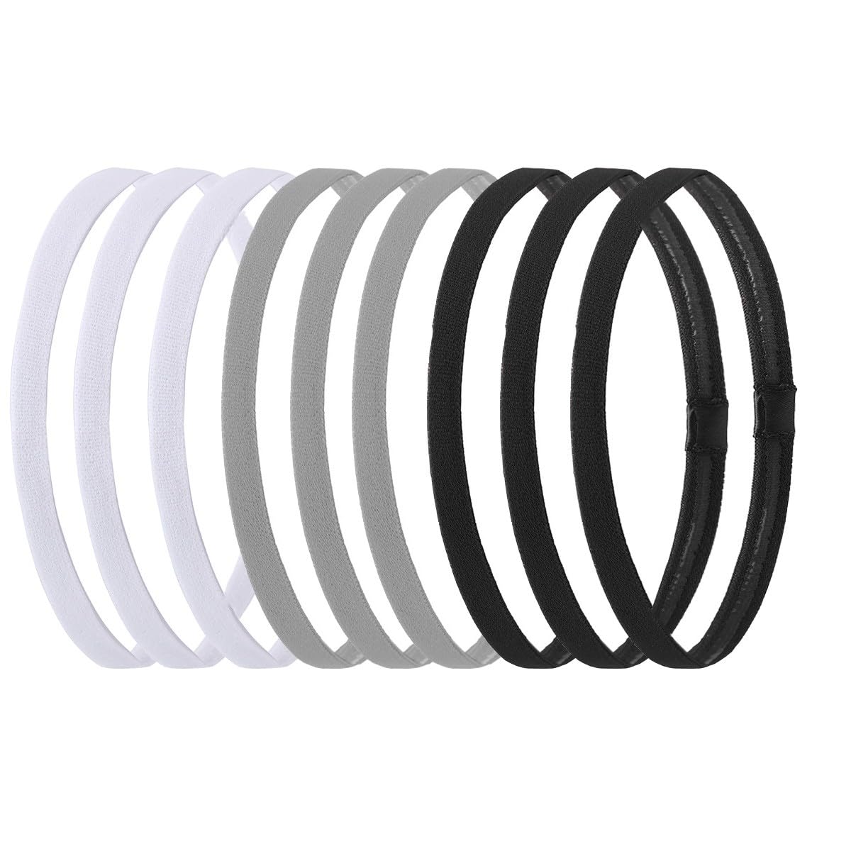 Hexchasty front view of nine black white gray headbands showing neutral set and versatility