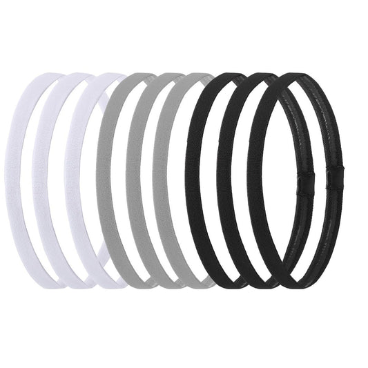 Hexchasty front view of nine black white gray headbands showing neutral set and versatility