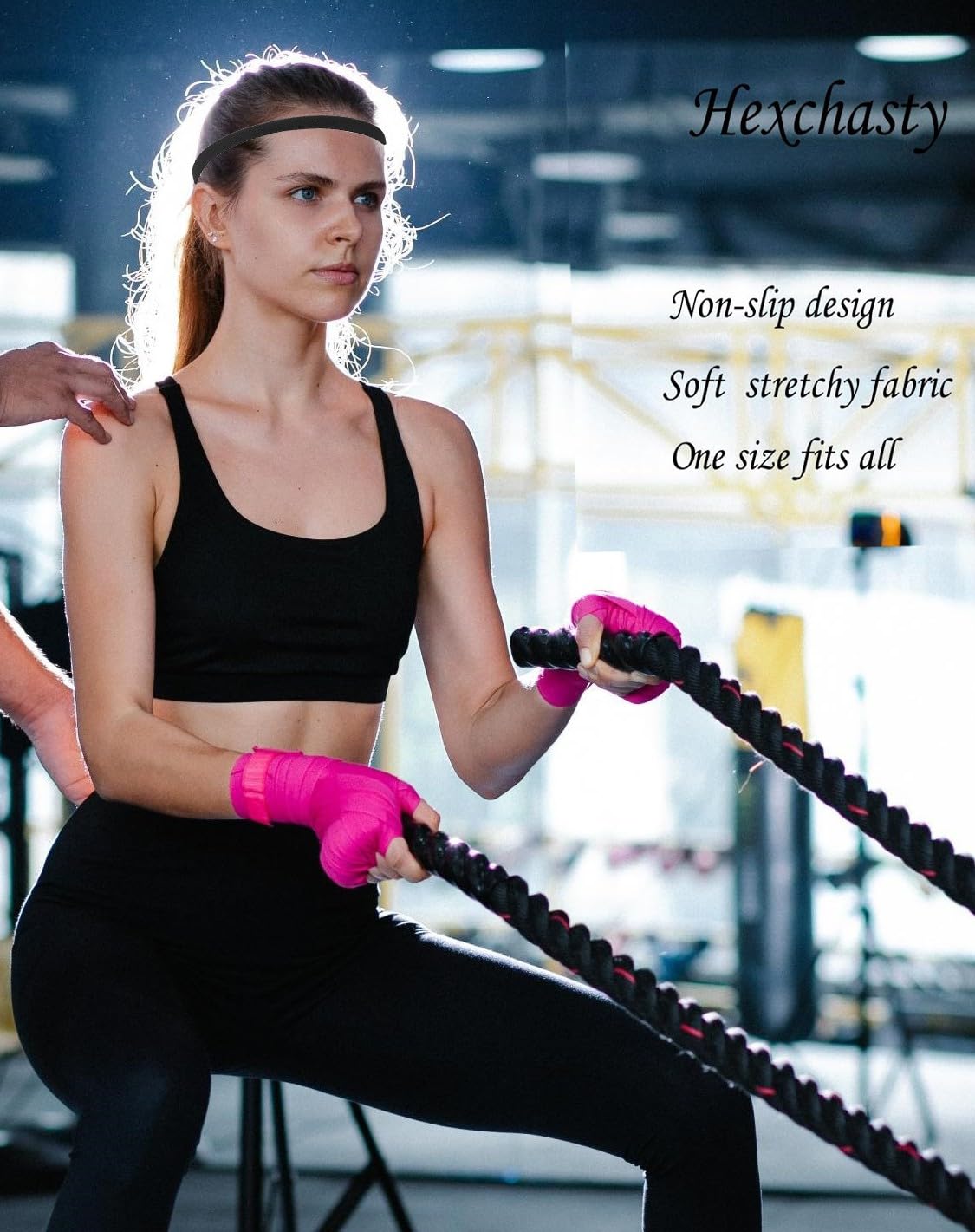 Hexchasty headband worn by runner staying put and keeping hair and sweat away