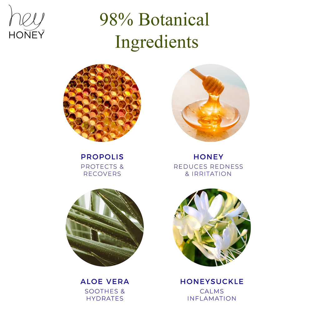 Hey Honey jar beside honeycomb highlighting natural honey-derived support