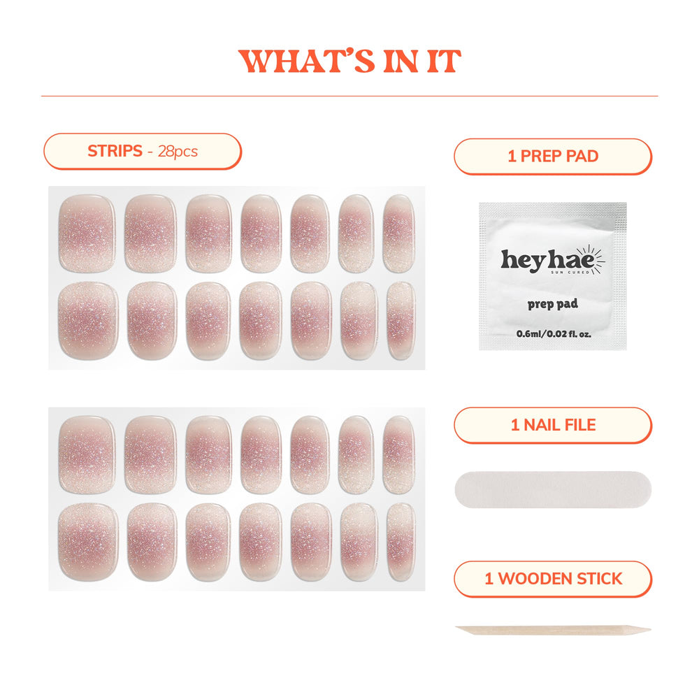 heyhae kit contents laid out with strips, prep pad, file, and stick benefits