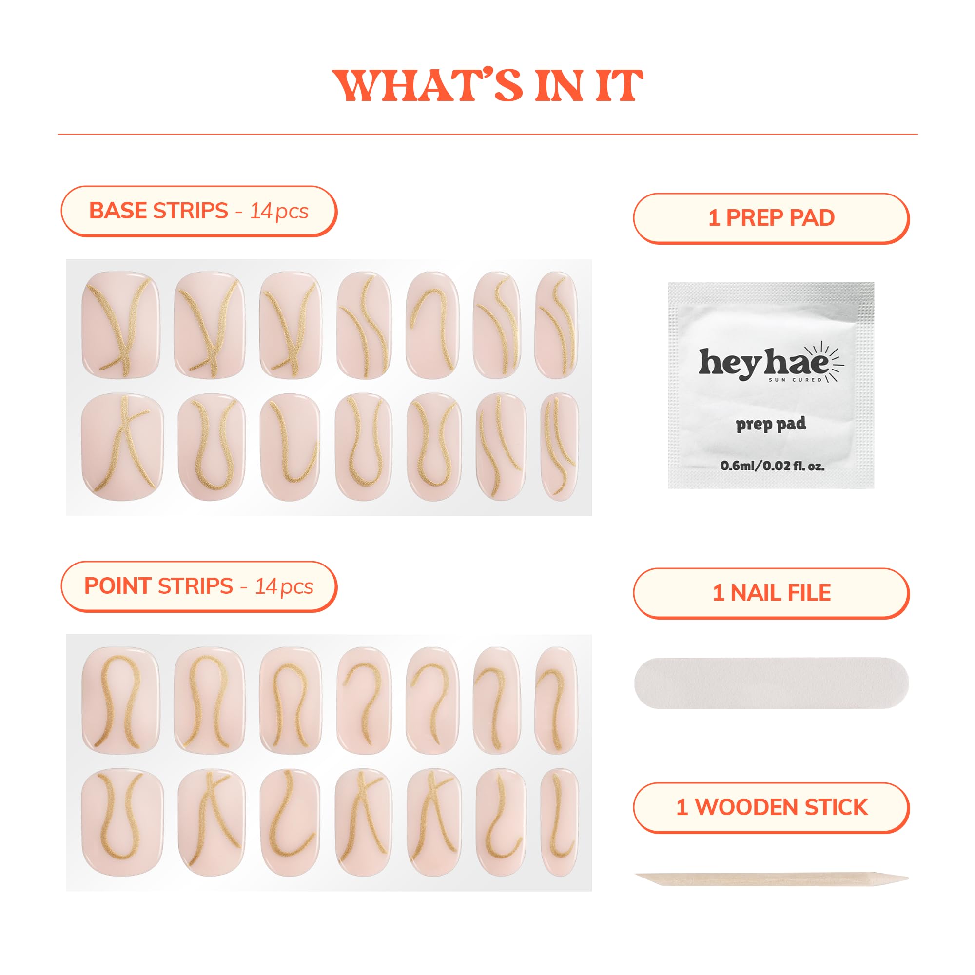 heyhae flatlay with prep pad, wooden stick and nail file showing easy application