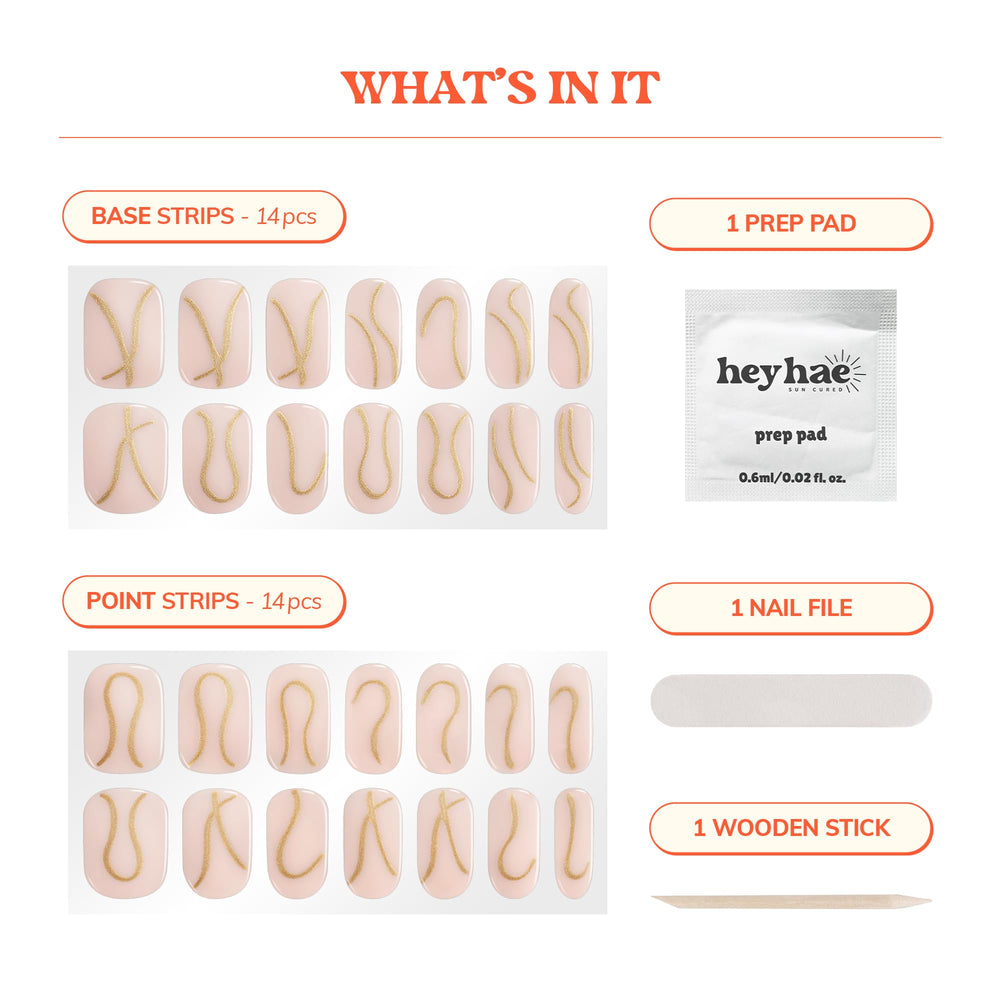 heyhae flatlay with prep pad, wooden stick and nail file showing easy application