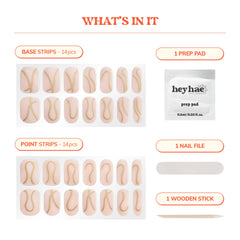 heyhae flatlay with prep pad, wooden stick and nail file showing easy application