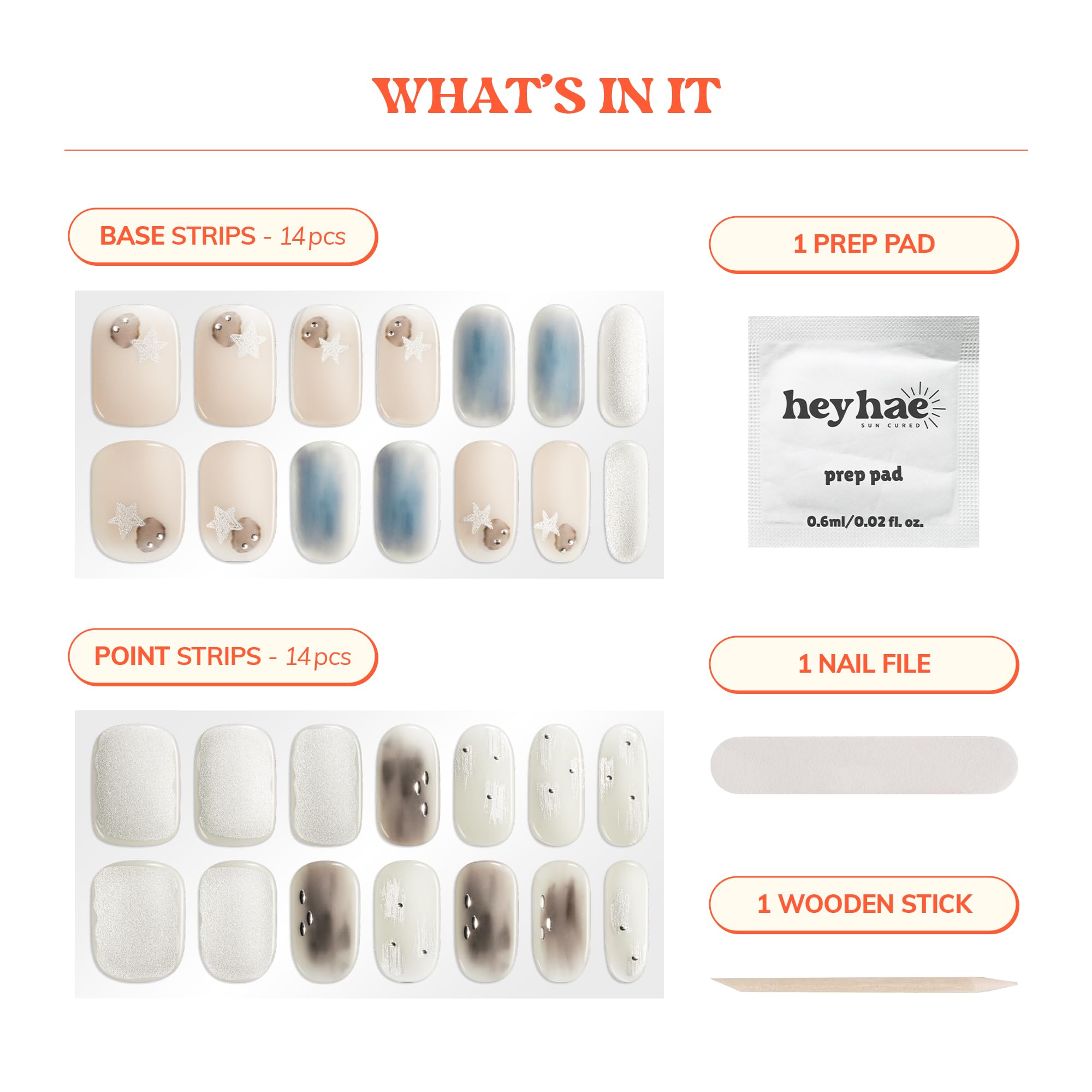 heyhae prep pad, wooden stick and nail file laid out showing complete kit convenience