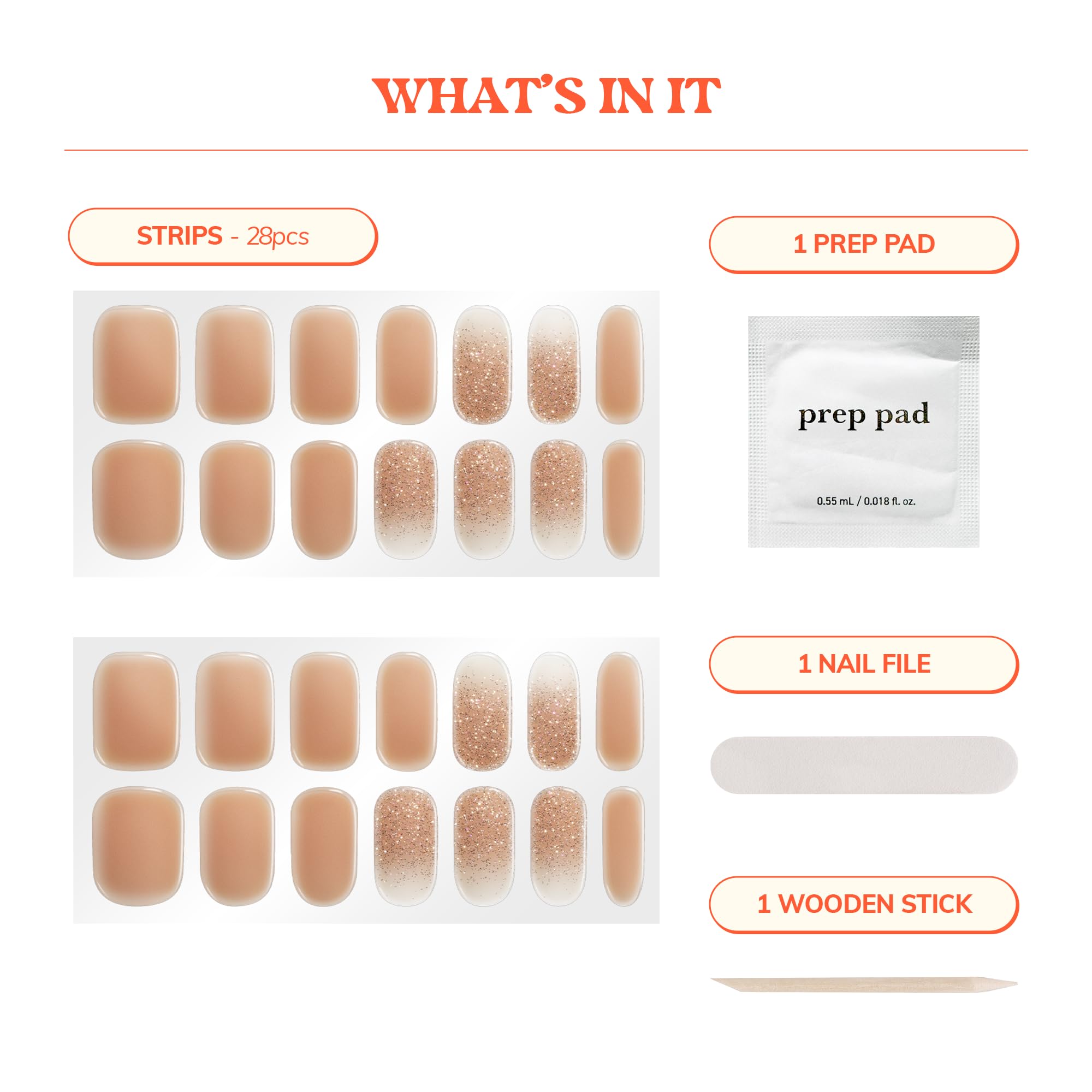 heyhae included tools laid out: prep pad, nail file, wooden stick, showing easy application