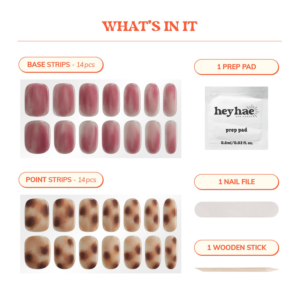 heyhae kit contents laid out with file, pad, stick and 28 strips shown