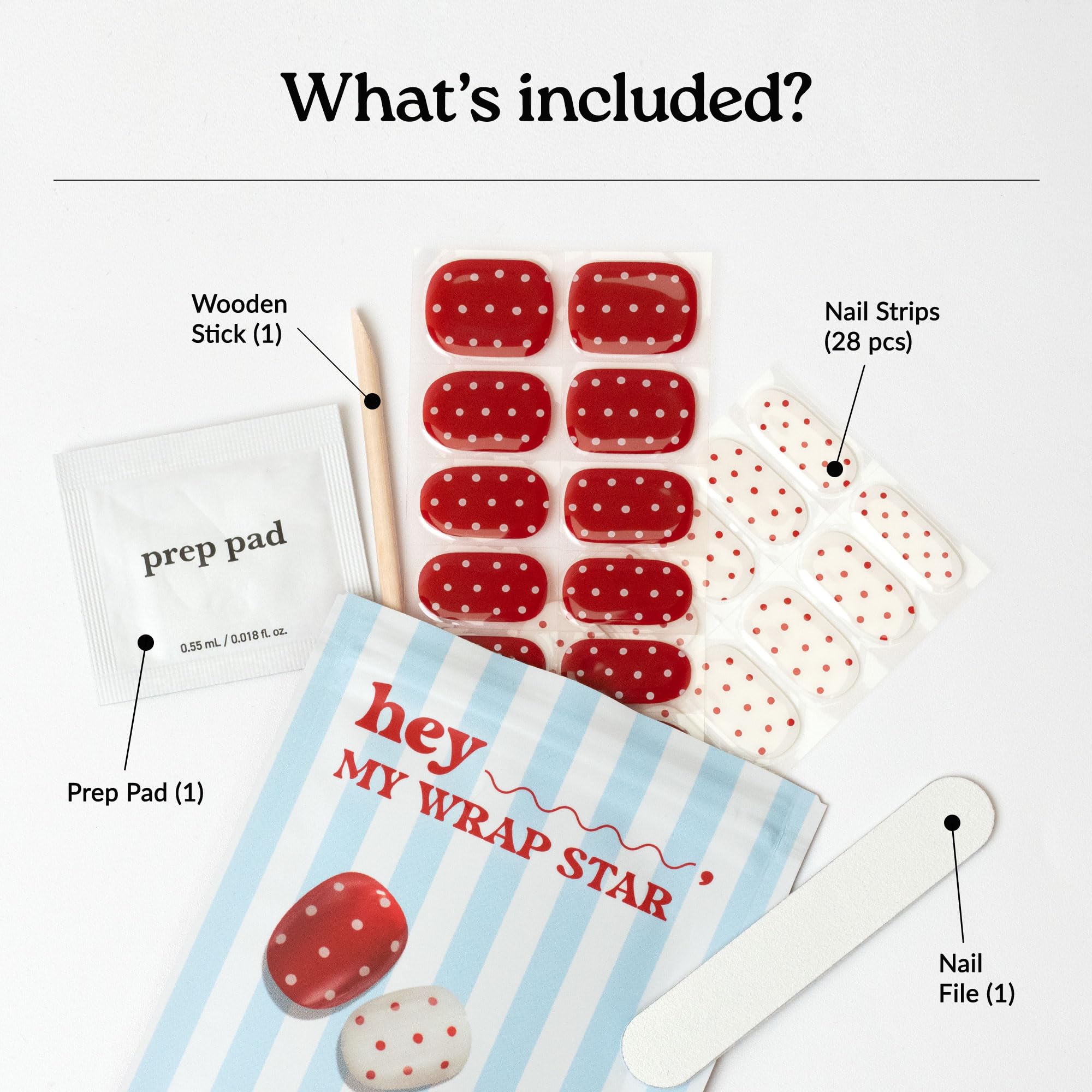 heyhae kit contents laid out showing strips, prep pad, file, stick