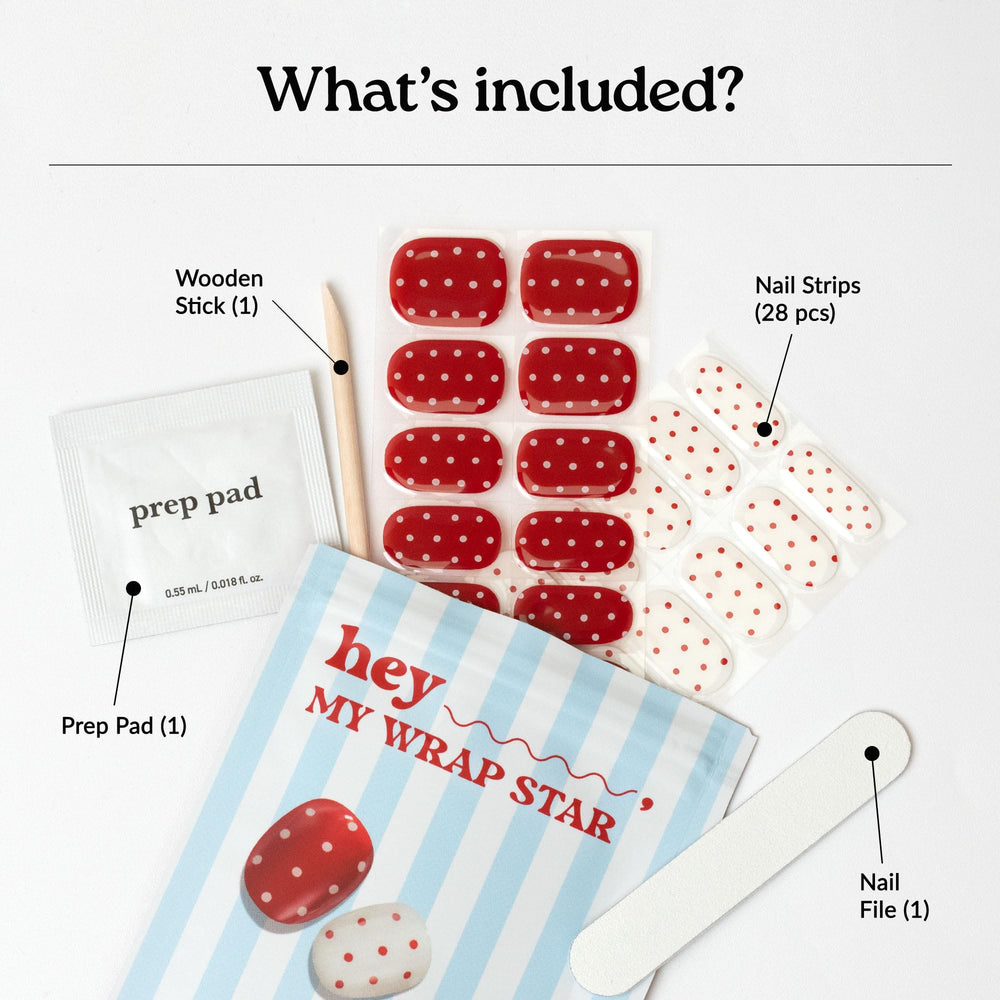 heyhae kit contents laid out showing strips, prep pad, file, stick
