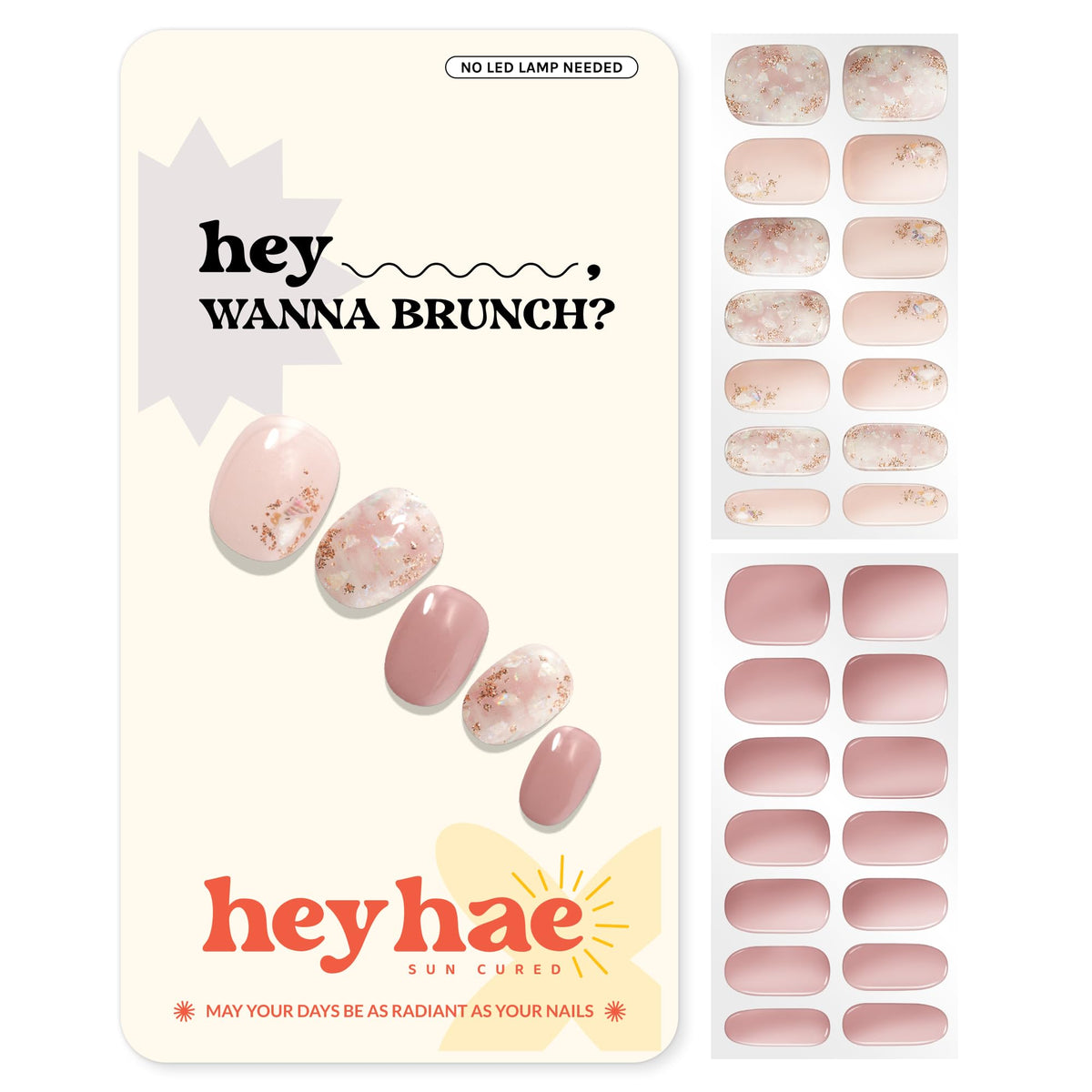 heyhae front packaging showing glitter pink strips and included tools, clear kit benefit