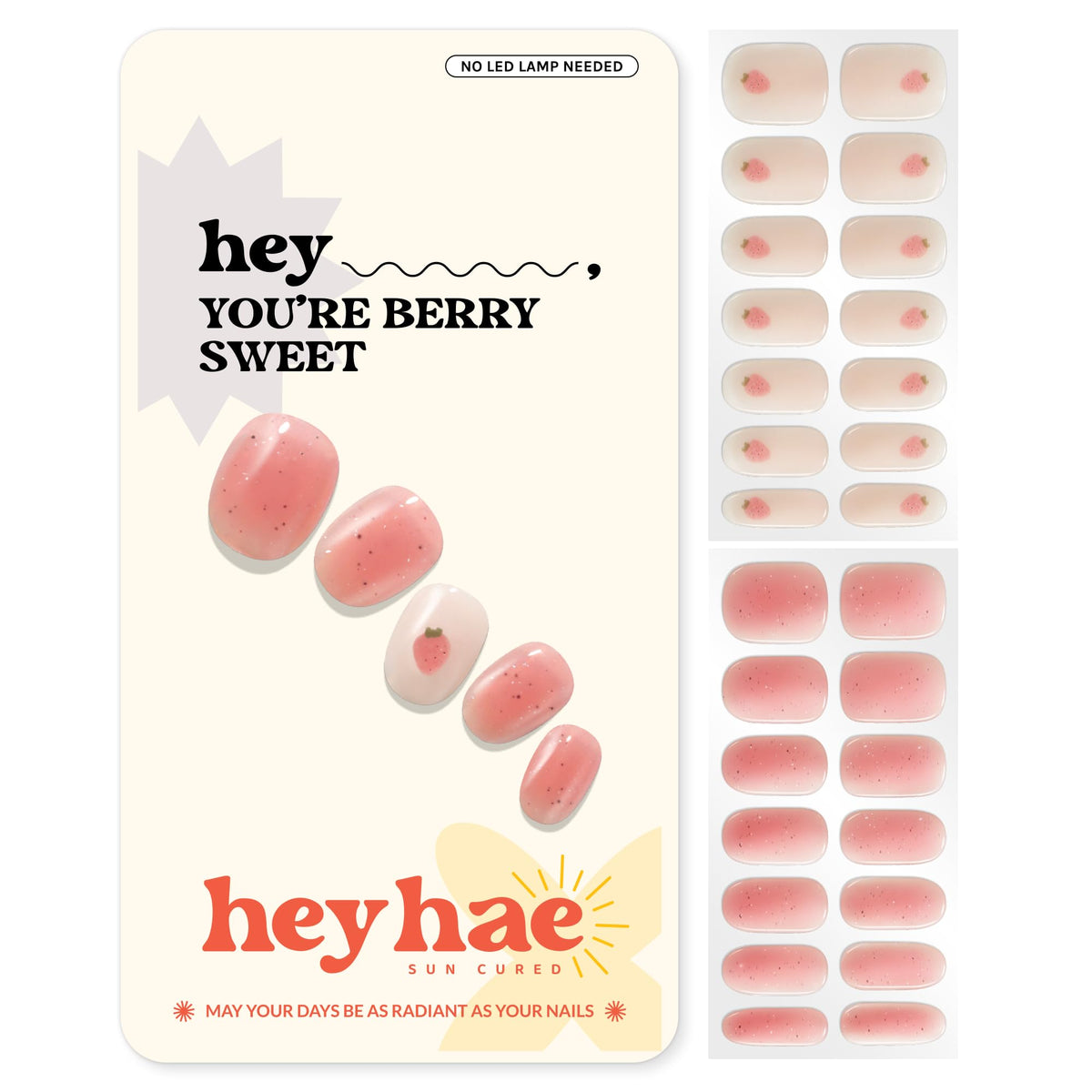 heyhae front packaging showing complete berry sweet kit and included tools benefit: ready-to-use manicure