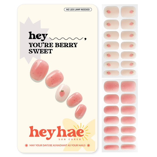 heyhae front packaging showing complete berry sweet kit and included tools benefit: ready-to-use manicure