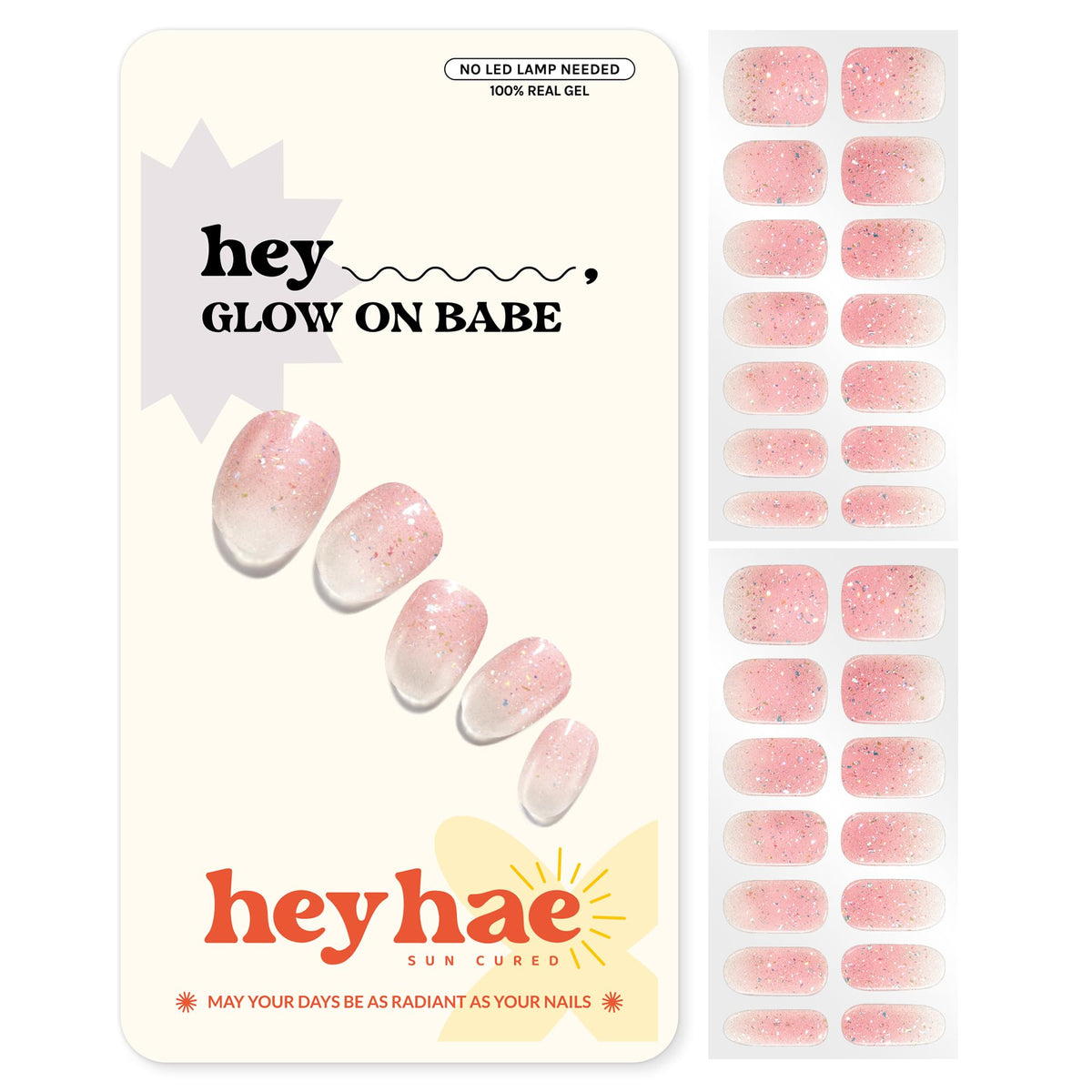 heyhae front packaging showing pink glitter ombré strips and kit benefits