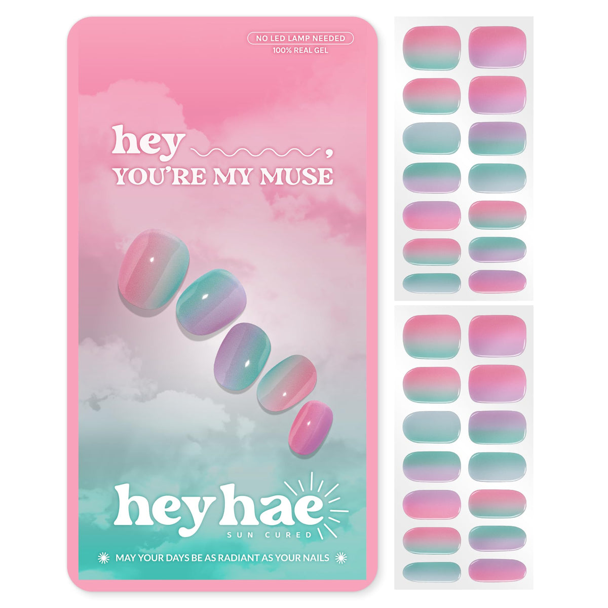 heyhae front packaging showing pink rainbow design and included tools, inspires easy salon finish