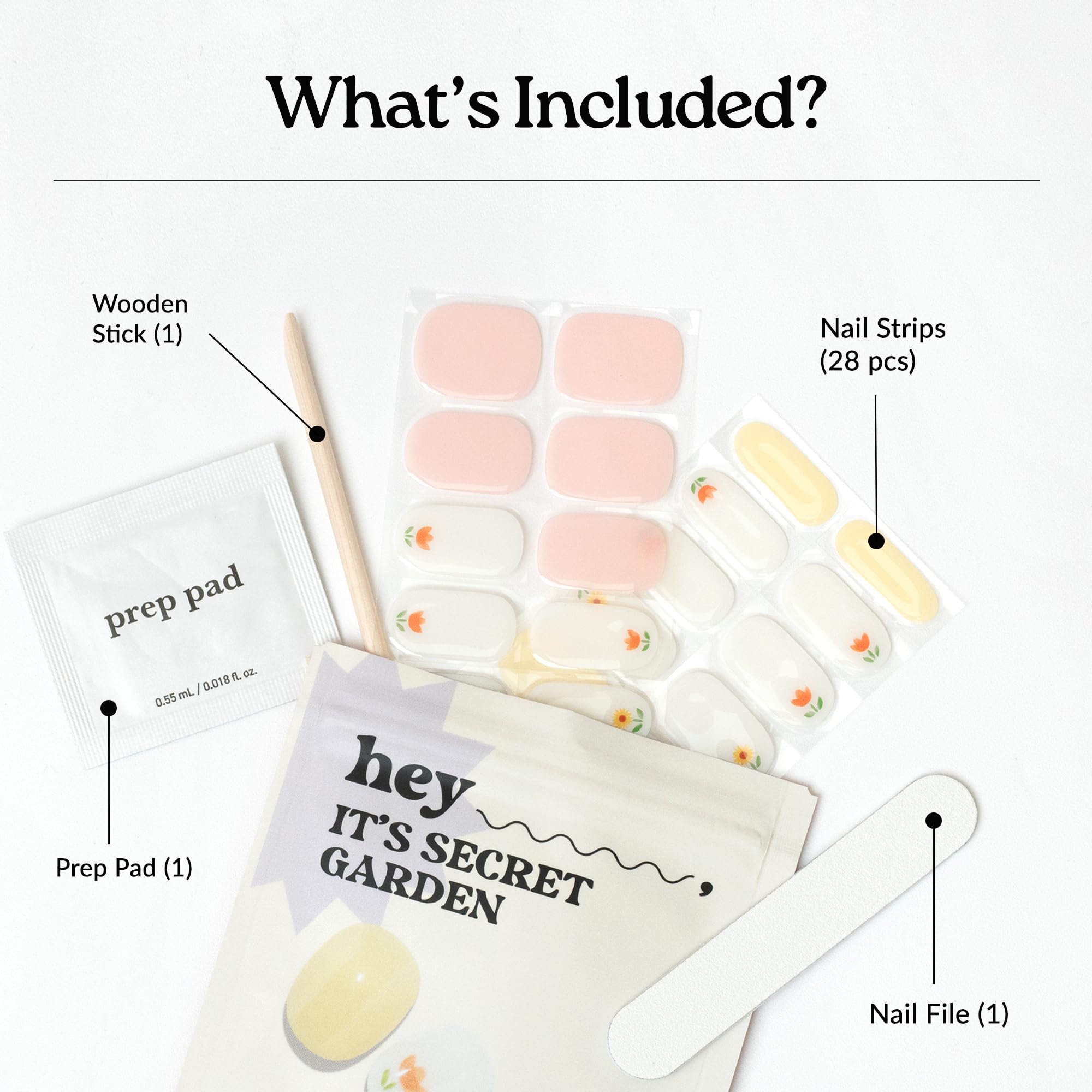 heyhae kit contents laid out with strips, prep pads, file and wooden stick for travel
