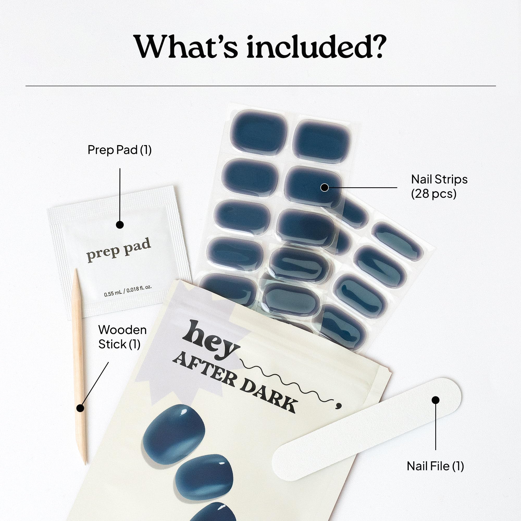 heyhae kit contents laid out showing strips, prep pad, file, and wooden stick for convenience