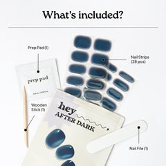 heyhae kit contents laid out showing strips, prep pad, file, and wooden stick for convenience