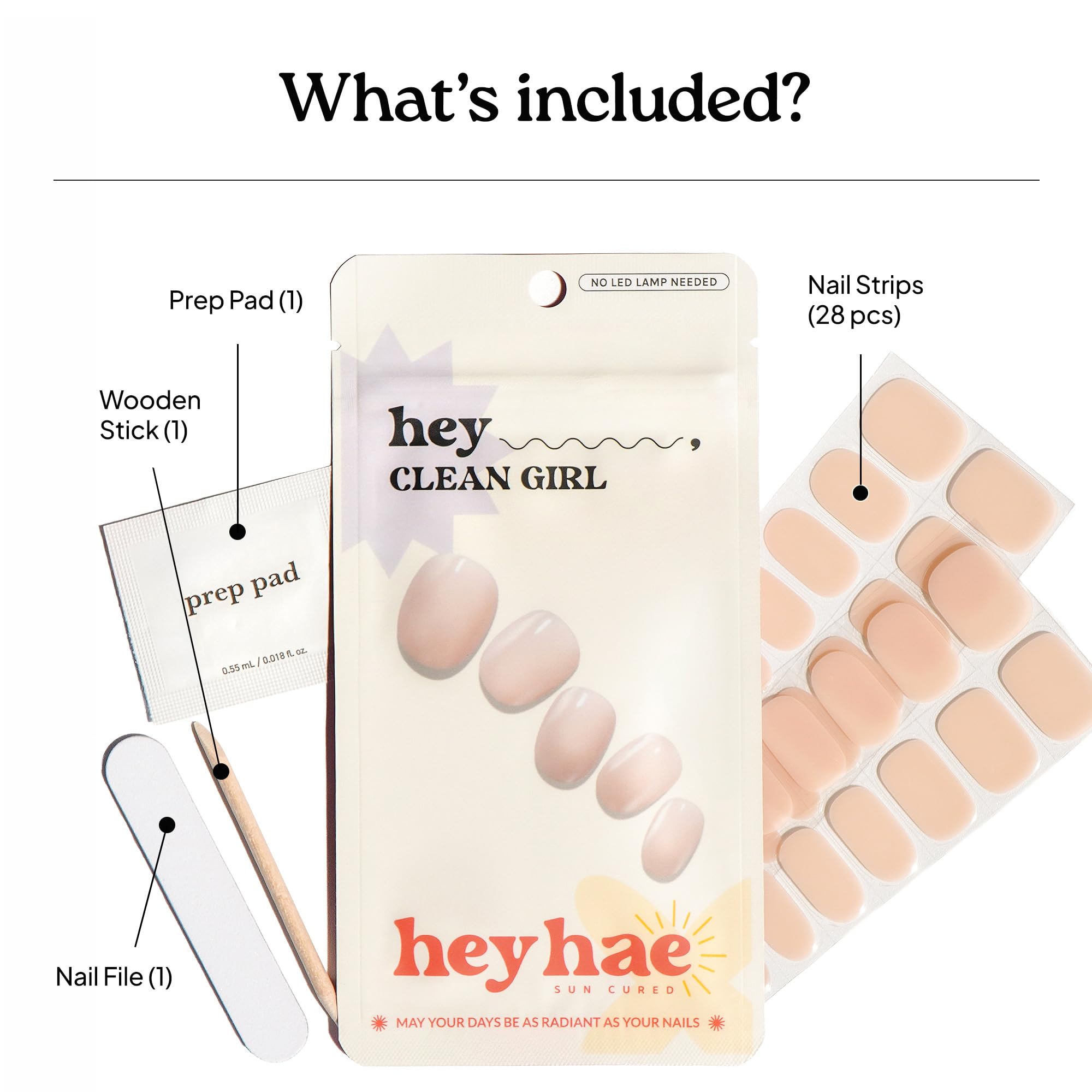 heyhae kit contents laid out displaying strips, prep pad, file, and wooden stick