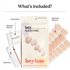 heyhae kit contents laid out displaying strips, prep pad, file, and wooden stick