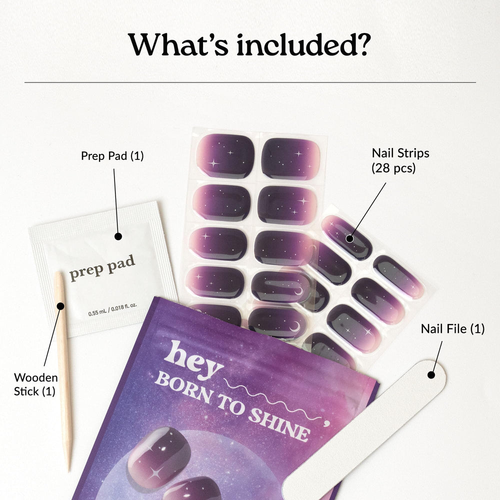 heyhae kit contents displayed with strips, file, pads, stick