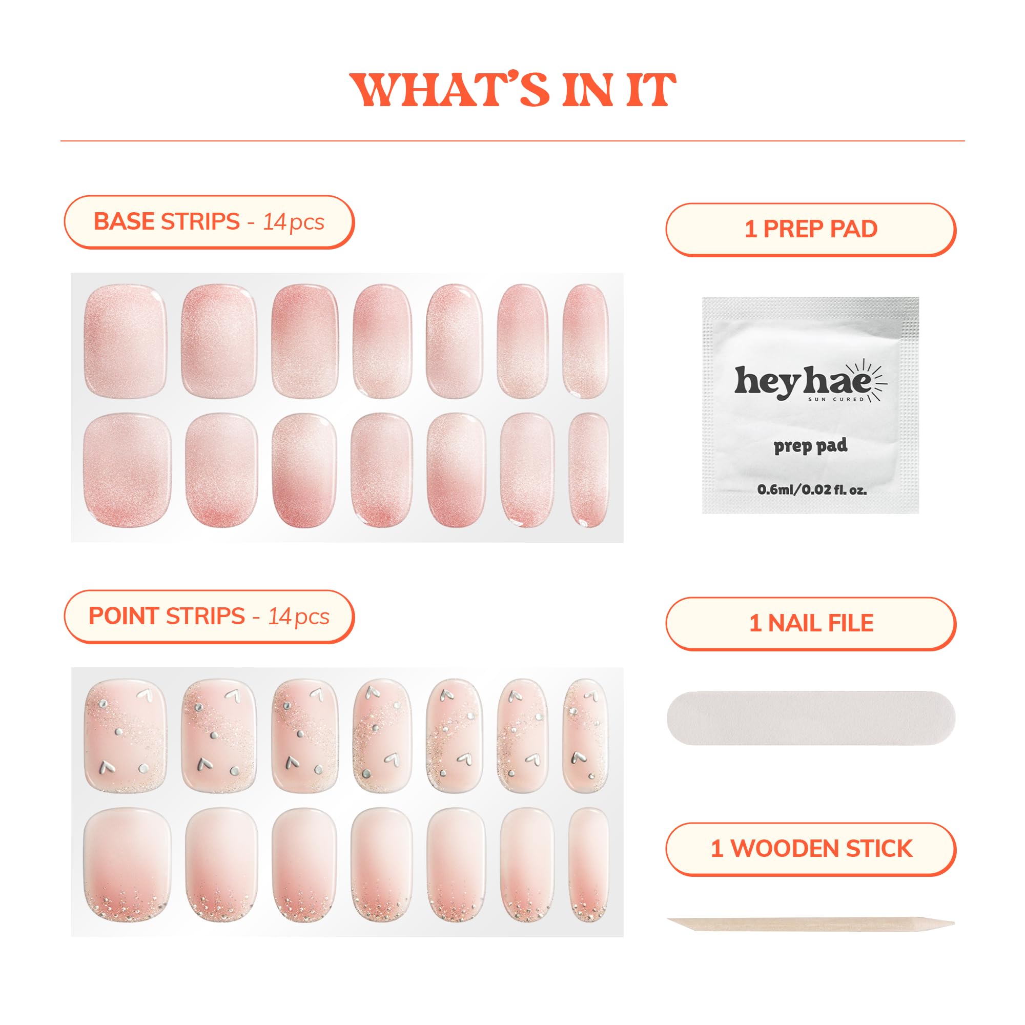 heyhae kit contents laid out to show all included strips, prep pad, file, and stick