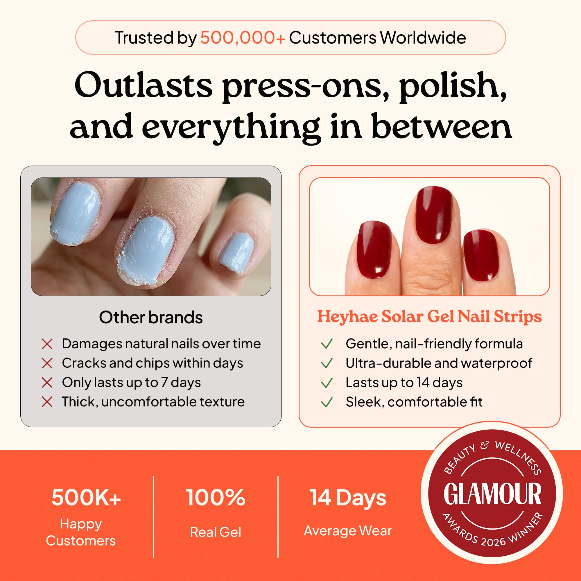 heyhae finished manicure on hands showcasing long-lasting wear