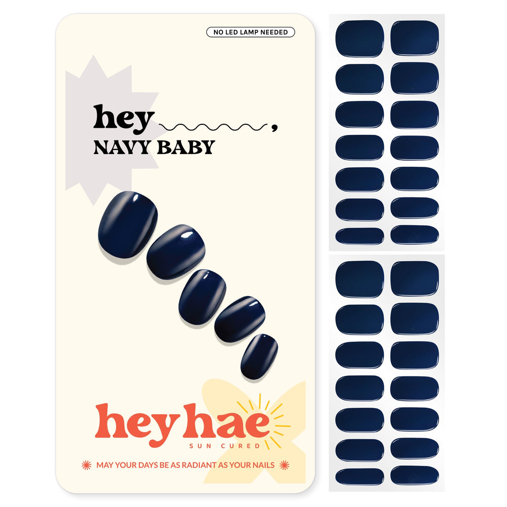heyhae front packaging showing navy gel strips and included tools for instant salon results