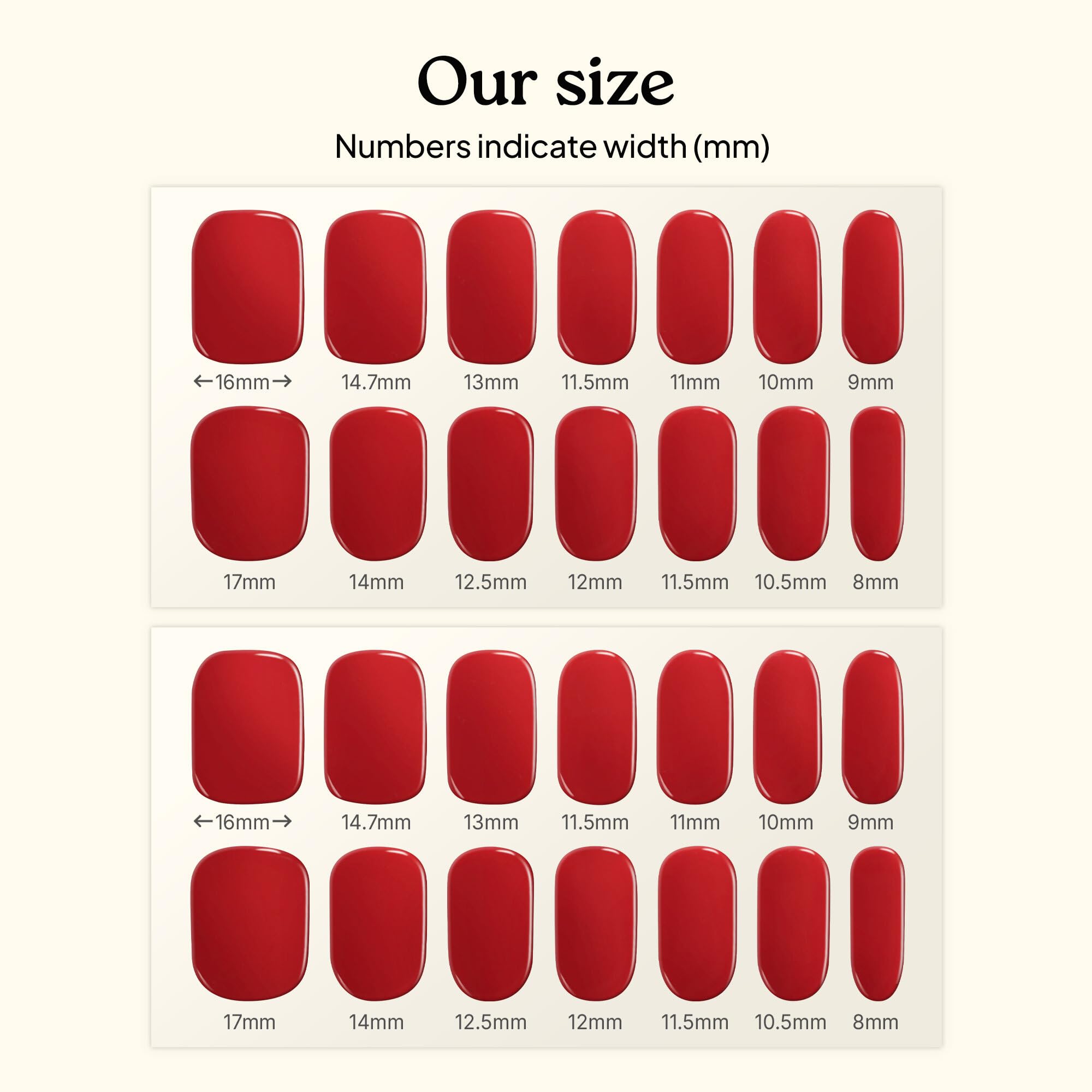 heyhae assortment of strip sizes on display illustrating fit for all nail shapes